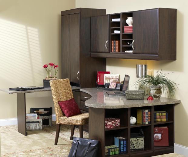 Transitional Home Office with straight back wicker chair