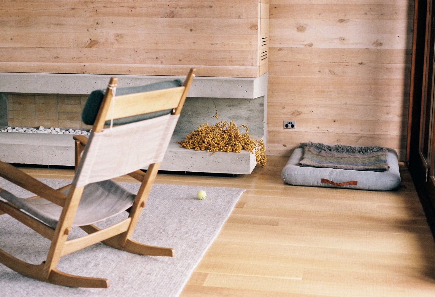 A cast concrete fireplace, vintage Hans Wegner Keyhole Rocking Chair, and Cloud 7 Dog Bed with a Godmother blanket.