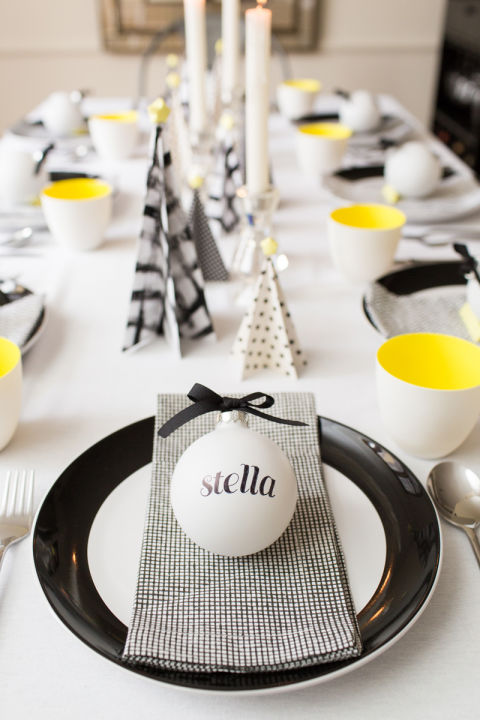 modern yellow black white christmas tablescape