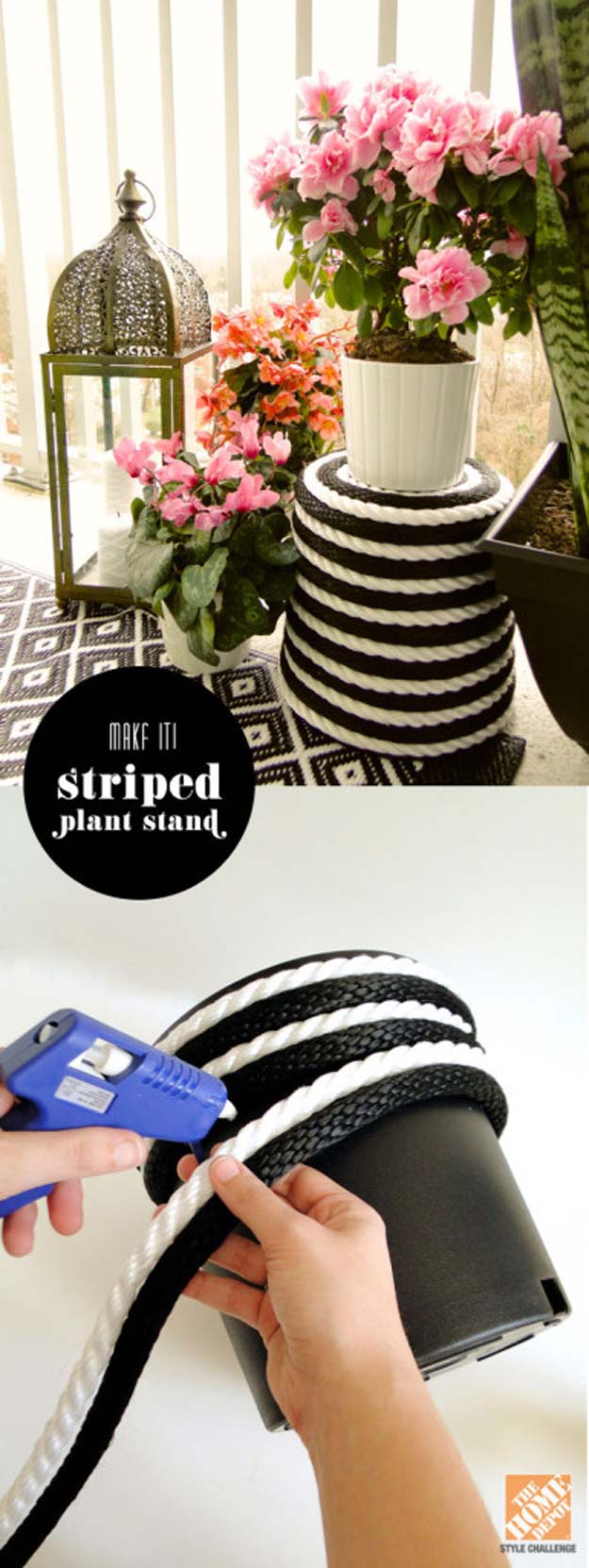DIY Room Decor Ideas in Black and White - Stripe Plant Stand - Creative Home Decor and Room Accessories - Cheap and Easy Projects and Crafts for Wall Art, Bedding, Pillows, Rugs and Lighting - Fun Ideas and Projects for Teens, Apartments, Adutls and Teenagers http://diyprojectsforteens.com/diy-decor-black-white