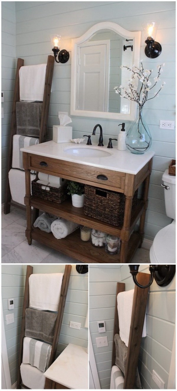 Rustic Towel Organization Ladder. The old wooden ladder is really a great addition to your bathrooml It not only provides a good storage and organization idea for your bathroom towels, but also adds unique rustic charm to your decor.