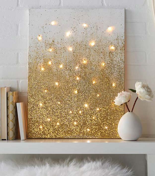 Gold DIY Projects and Crafts - Glitter and Lights Canvas - Easy Room Decor, Wall Art and Accesories in Gold - Spray Paint, Painted Ideas, Creative and Cheap Home Decor - Projects and Crafts for Teens, Apartments, Adults and Teenagers http://diyprojectsforteens.com/diy-projects-gold