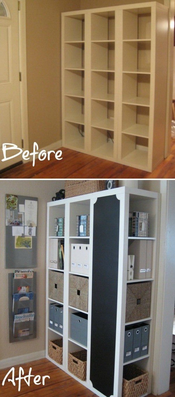 Bookshelf Command Center. Turn the Ikea Expedit shelves into family's command center with a bit of wood working skills! It is perfect for organizing keys, mail, files and crafts for your home. 