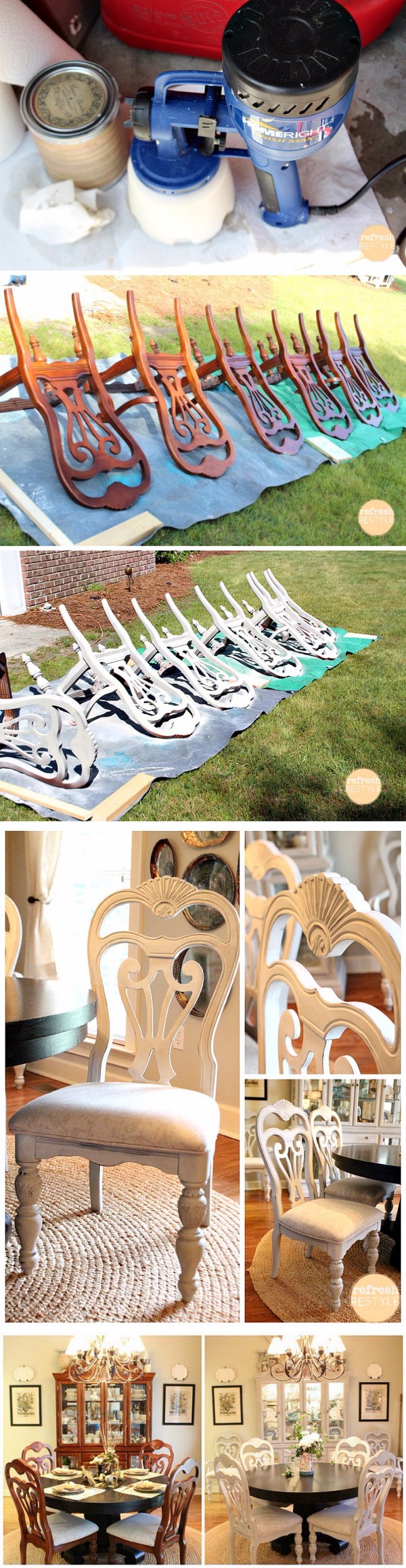 Spray Painted Dining Chairs. Spray paint furniture makeover. Turn the old ugly dining chairs into these gorgeous ones with chalk based paint! It is super easy to do with a bit of handiwork and creativity! 