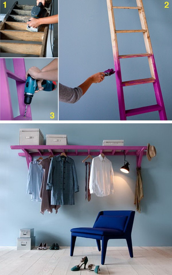 DIY Decorative Clothes Rack With Old Ladder. Instead of trashing your old ladder, turn it into a cheerful shelf together with 2 wooden brackets  to display your clothes and keep them organized.