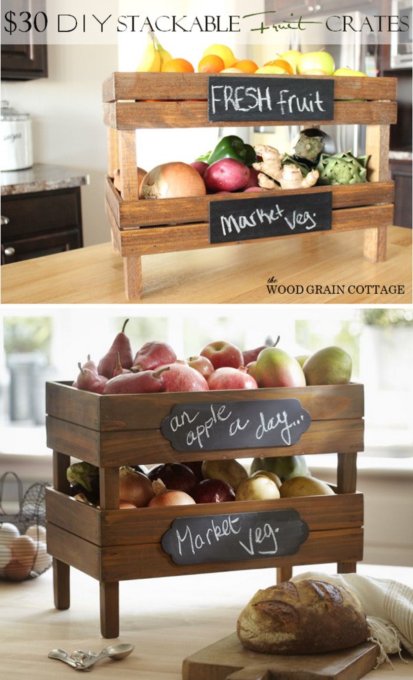 DIY Stackable Fruit Crates. Add storage to your kitchen with this creative stackable crates. It is great for fruit or vegetable storage! 