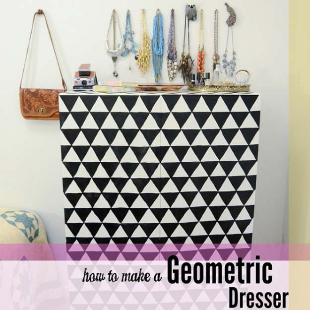 DIY Room Decor Ideas in Black and White - DIY Painted Geometric Dresser - Creative Home Decor and Room Accessories - Cheap and Easy Projects and Crafts for Wall Art, Bedding, Pillows, Rugs and Lighting - Fun Ideas and Projects for Teens, Apartments, Adutls and Teenagers http://diyprojectsforteens.com/diy-decor-black-white
