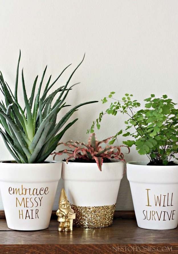 Gold DIY Projects and Crafts - Gold Foil Lettering On Flower Pots - Easy Room Decor, Wall Art and Accesories in Gold - Spray Paint, Painted Ideas, Creative and Cheap Home Decor - Projects and Crafts for Teens, Apartments, Adults and Teenagers http://diyprojectsforteens.com/diy-projects-gold