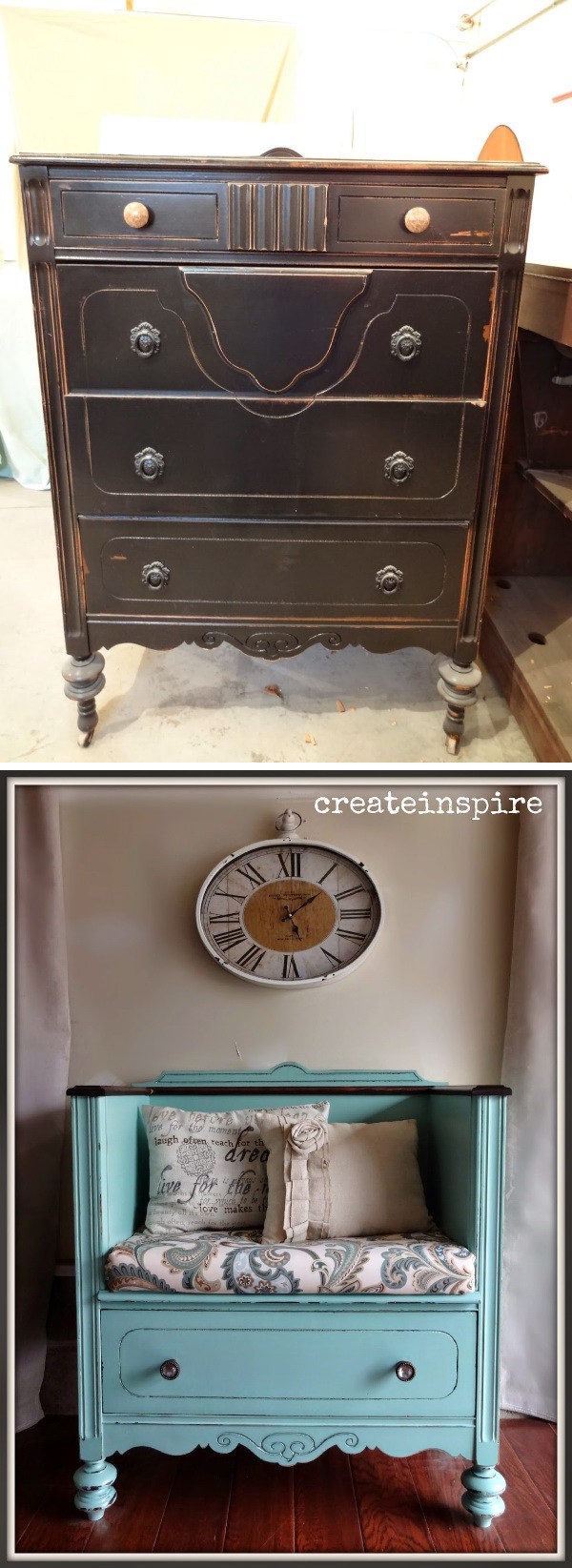 Turn Unused Old Dresser into A Bench: Get the DIY instructions below. 