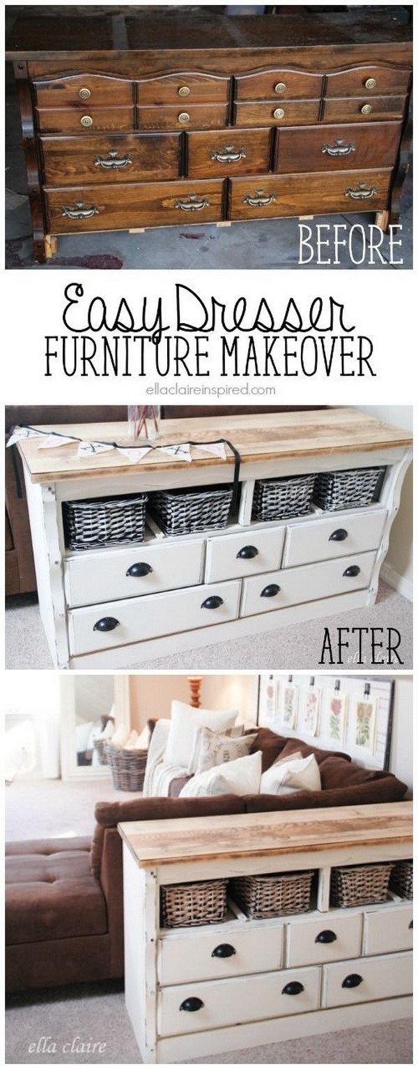 DIY Refinished Side Table With Lots Of Storage. Instead of throwing away the dated old dresser, you can turn it into a genius side table with lots of storage! Love the vintage and shabby chic look! Good transformation piece! 