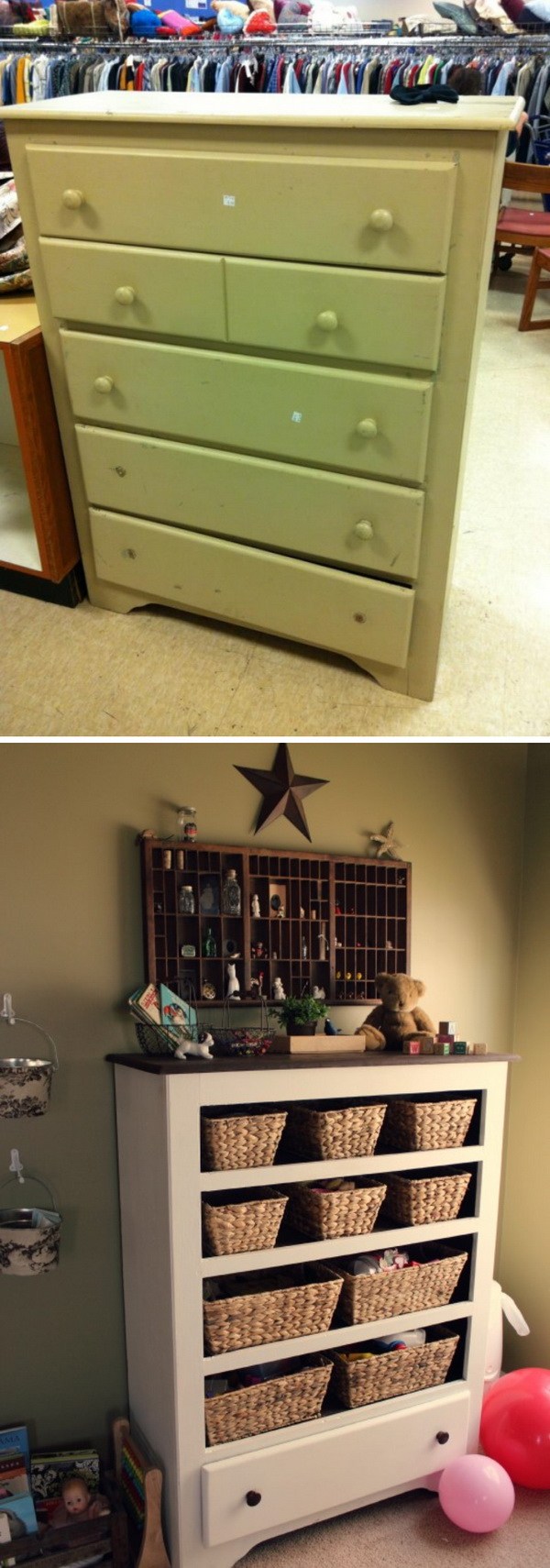 Turn an old dresse into a functional storage in your entryway. 