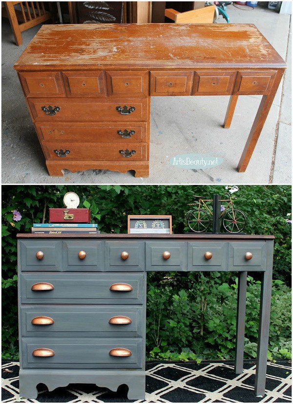 Gray and Copper Desk Makeover. This gray and copper desk is a perfect DIY project for your industrial style room! It is not so hard to make!