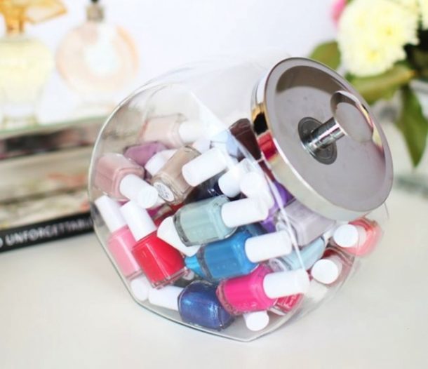 DIY Bathroom Organizer Ideas - Use a Cookie Jar to Store and Organize Nail Polish and Beauty Products in your Bathroom - via Her Campus #bathroomorganization #bathroomideas #bathroomhacks #bathroomtips #organizethebathroom