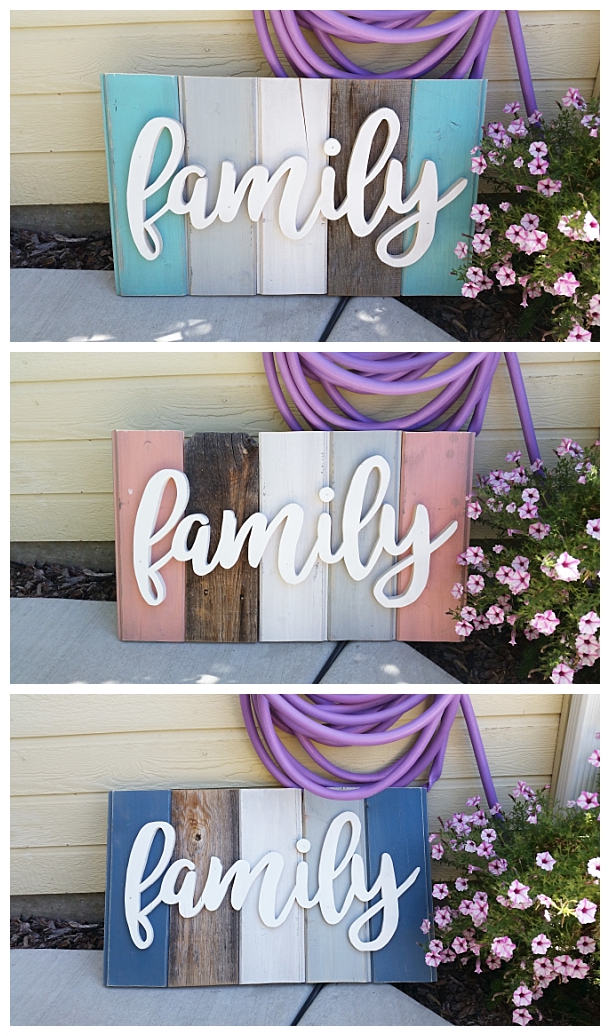 DIY Family Word Art Sign Woodworking Project Tutorial - 3 color schemes of New Wood Distressed to look like weathered Barn Wood Home Decoration #diywoodenwordart #diywordart #woodensign #diywoodensign #diyfamilysign #woodworking #easywoodworking #easydiygifts #diygiftideas #familysign #wordart