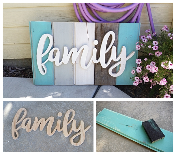 DIY Family Word Art Sign Woodworking Project Tutorial - Turquoise Tones New Wood Distressed to look like weathered Barn Wood Home Decoration #diywoodenwordart #diywordart #woodensign #diywoodensign #diyfamilysign #woodworking #easywoodworking #easydiygifts #diygiftideas #familysign #wordart