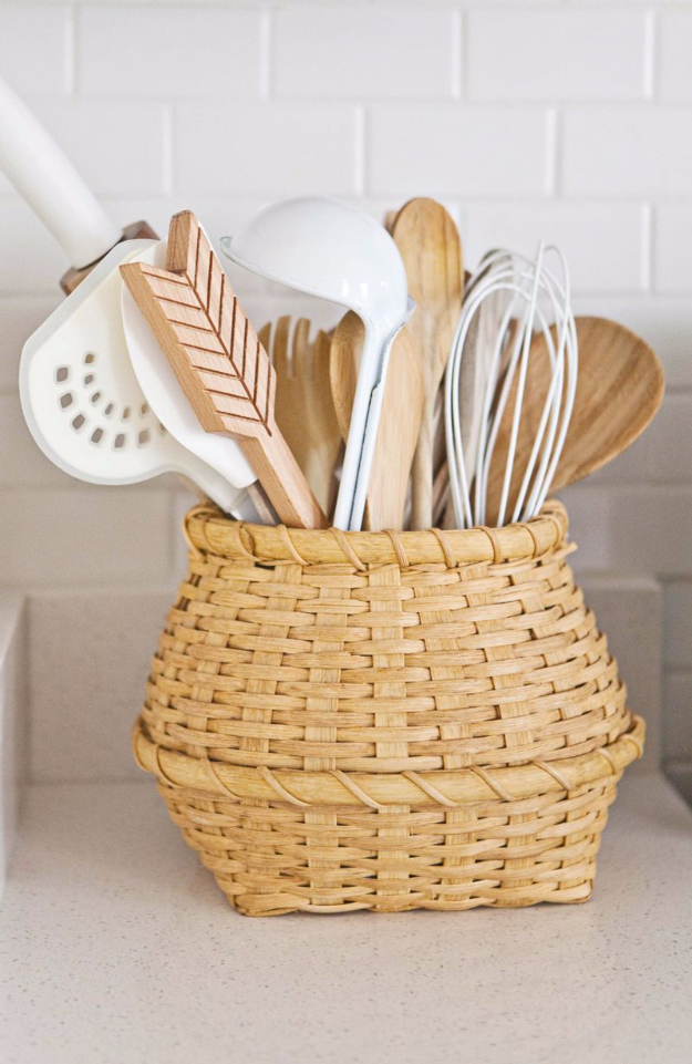 DIY Organizing Ideas for Kitchen - Flea Market Basket To Store Utensils - Cheap and Easy Ways to Get Your Kitchen Organized - Dollar Tree Crafts, Space Saving Ideas - Pantry, Spice Rack, Drawers and Shelving - Home Decor Projects for Men and Women http://diyjoy.com/diy-organizing-ideas-kitchen