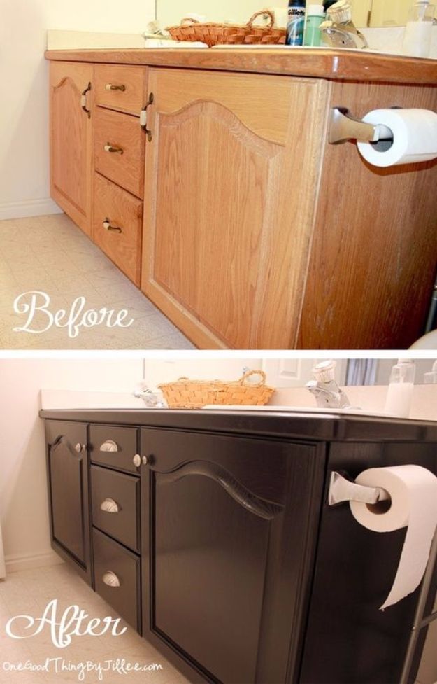 DIY Home Improvement On A Budget - Give Your Old Bathroom Cabinets A Facelift - Easy and Cheap Do It Yourself Tutorials for Updating and Renovating Your House - Home Decor Tips and Tricks, Remodeling and Decorating Hacks - DIY Projects and Crafts by DIY JOY #diy #homeimprovement #diyhome #diyideas #homeimprovementideas http://diyjoy.com/diy-home-improvement-ideas-budget
