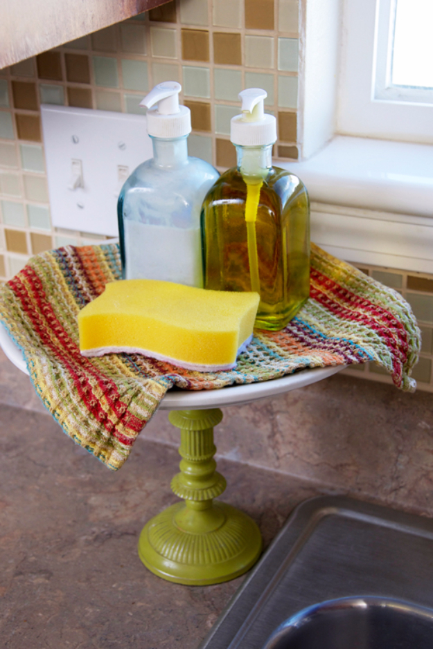 DIY Organizing Ideas for Kitchen - Kitchen Dish Soap Cake Stand - Cheap and Easy Ways to Get Your Kitchen Organized - Dollar Tree Crafts, Space Saving Ideas - Pantry, Spice Rack, Drawers and Shelving - Home Decor Projects for Men and Women http://diyjoy.com/diy-organizing-ideas-kitchen