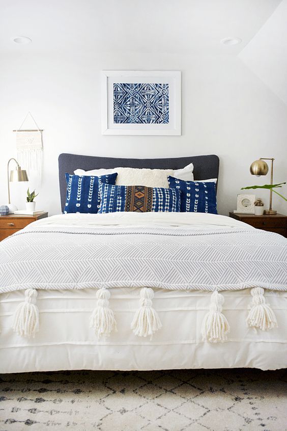 modern bohemian bedroom - indigo pillows