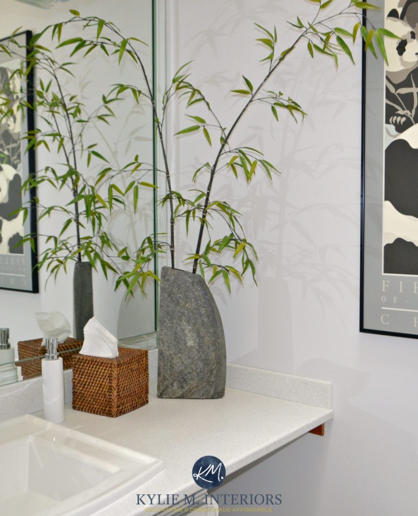 Benjamin Moore Stonington Gray in a bathroom with bamboo accents by Kylie M Interiors Online Color Consulting