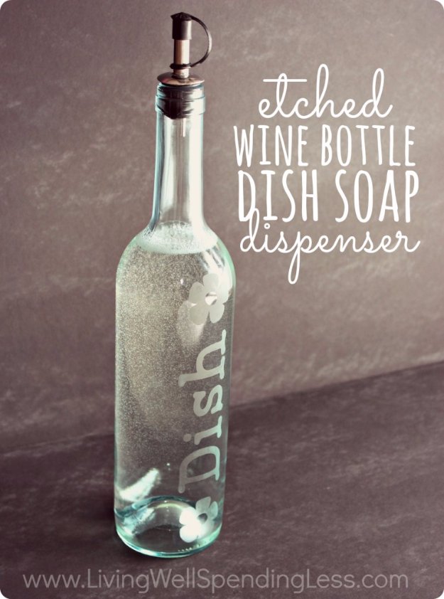 DIY Kitchen Decor Ideas - DIY Etched Wine Bottle Dish Soap Dispenser - Creative Furniture Projects, Accessories, Countertop Ideas, Wall Art, Storage, Utensils, Towels and Rustic Furnishings http://diyjoy.com/diy-kitchen-decor-ideas