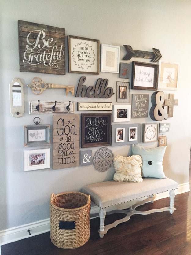 DIY Farmhouse Style Decor Ideas - Entryway Gallery Wall - Rustic Ideas for Furniture, Paint Colors, Farm House Decoration for Living Room, Kitchen and Bedroom http://diyjoy.com/diy-farmhouse-decor-ideas