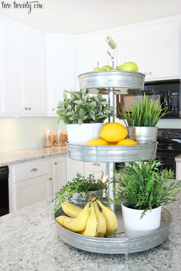 tiered stand for fresh produce helps to declutter kitchen counters via the twenty one / Grillo Designs www.grillo-designs.com