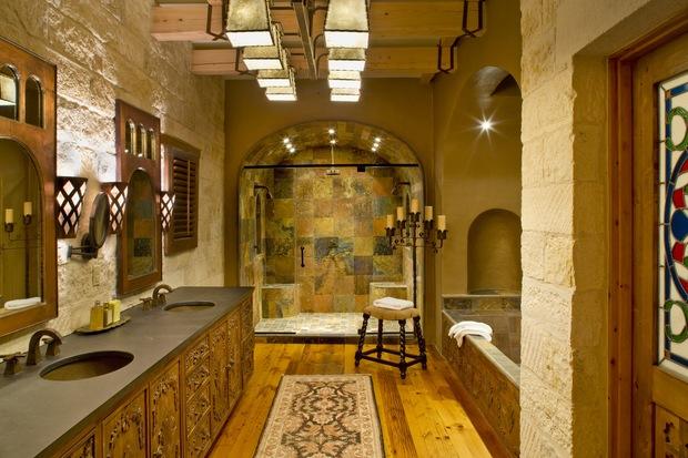 Rustic Bathroom with intricately carved wooden cabinets