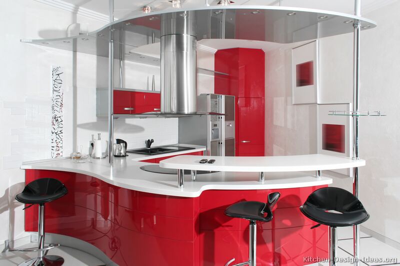 A Modern Take on a Retro Kitchen with Curved Red Cabinets, Chrome Accents, Retro Bar Stools