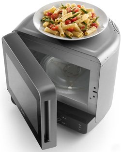 This mini Whirlpool microwave (WMC20005YD) has an oval-shaped back for fitting into a corner.