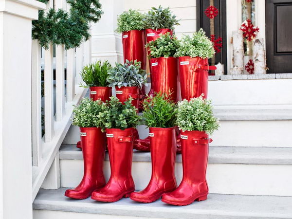 Outdoor Christmas Decoration with Red Boots. 