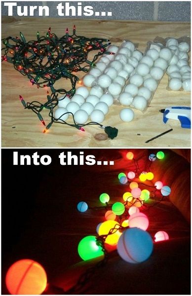Ping Pong Balls over String Lights. 