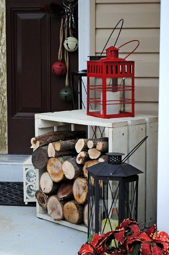 Recycled Wood Crate and Birch Branches Decorated Holiday Porch. 