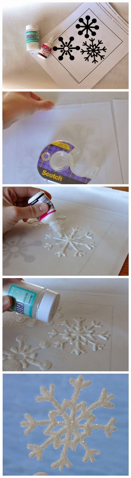 DIY Glitter Snowflake Window Clings. 