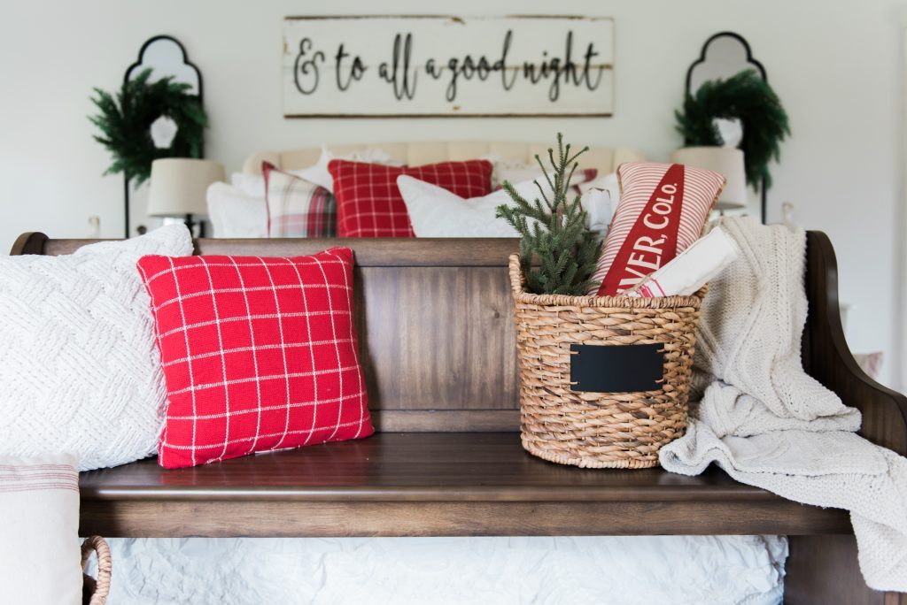 Cozy cheerful farmhouse Christmas bedroom - A must pin for farmhouse & cottage style Christmas decor inspiration!