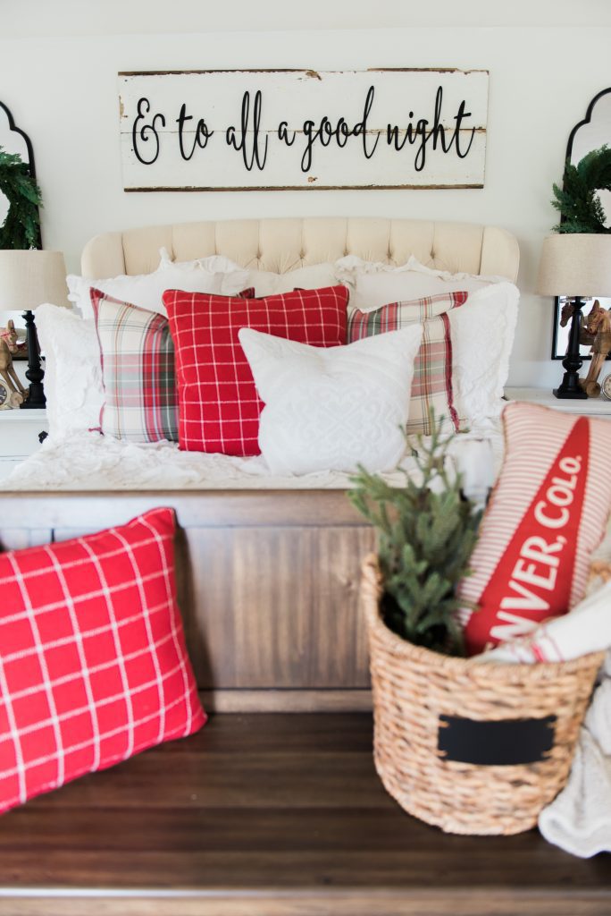 Cozy cheerful farmhouse Christmas bedroom - A must pin for farmhouse & cottage style Christmas decor inspiration!