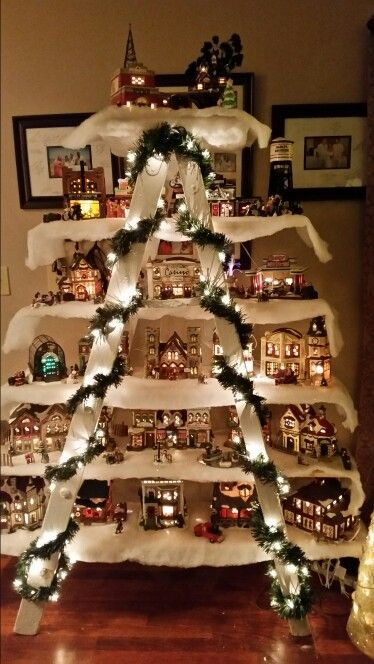 Use an Old Ladder & a few Boards to make a Christmas Village...these are the BEST Homemade Christmas Decorating & Craft ideas!