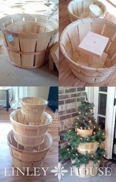 Stack Apple Baskets and add Lighted Garland...these are the BEST Christmas Decorations!