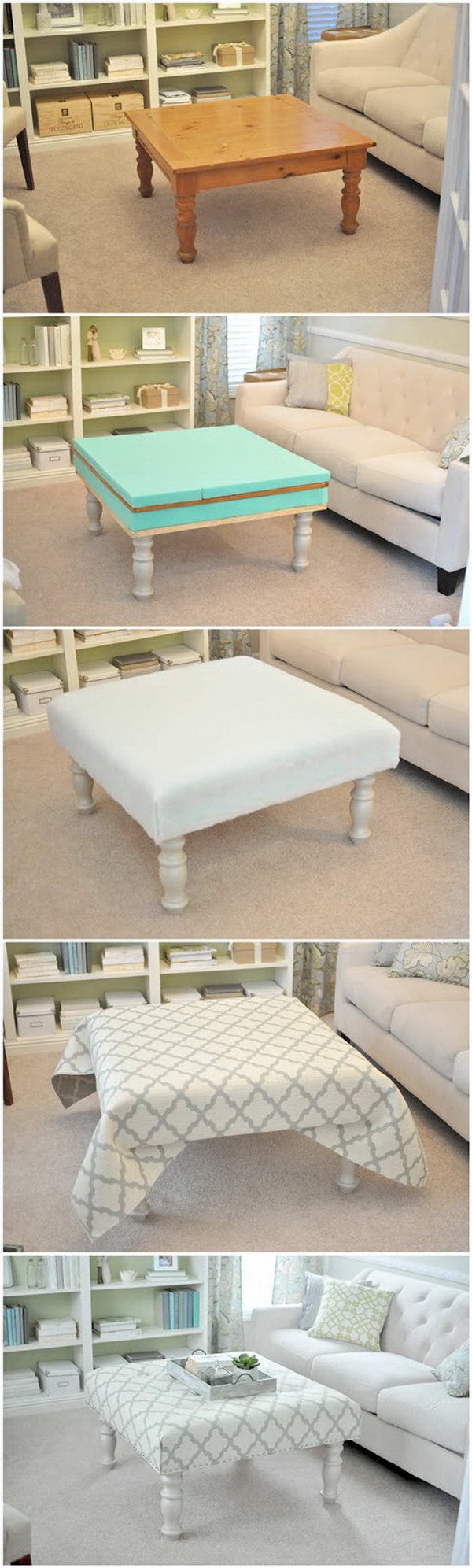 DIY Upholstered Coffee Table Ottoman: This upholstered coffee table ottoman looks so beautiful and awesome and adds more comfort and style to your living space! 