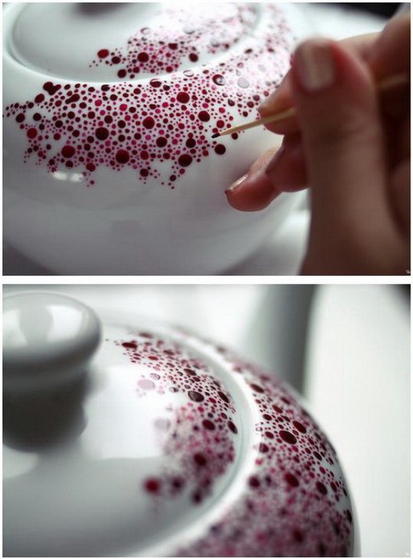 Dotted Porcelain Teapot. Give your plain white porcelain teapot a new life by painting and dotting. Bring a lot of color into the kitchen with this easy DIY project. 