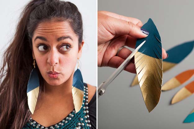 Gold DIY Projects and Crafts - Gold-Dipped Leather Feather Earrings - Easy Room Decor, Wall Art and Accesories in Gold - Spray Paint, Painted Ideas, Creative and Cheap Home Decor - Projects and Crafts for Teens, Apartments, Adults and Teenagers http://diyprojectsforteens.com/diy-projects-gold