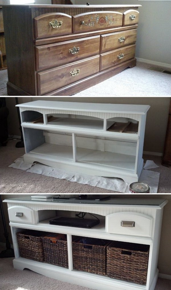 TV Stand Makeover: Turn an old wooden dresser into this gorgeous TV stand with some white paints and a bit of woodworking! Love this creative DIY furniture for my home! 
