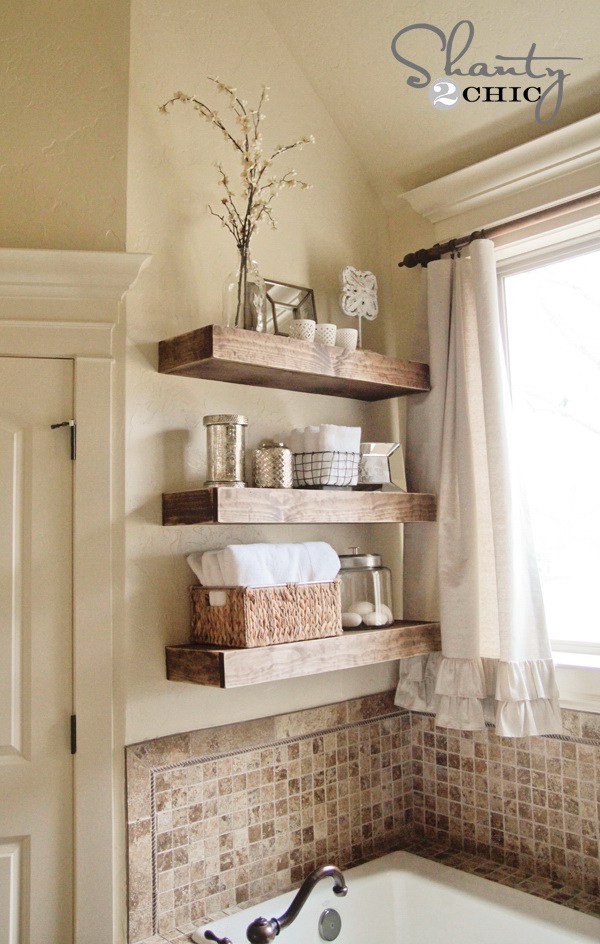 Easy DIY Floating Shelves: Create these easy DIY floating shelves for baskets, towels and other bathroom accessories.