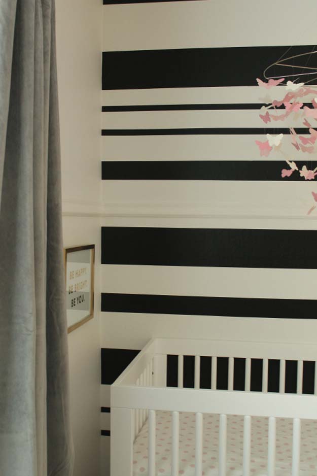 DIY Room Decor Ideas in Black and White - Black and White Stripe Wall - Creative Home Decor and Room Accessories - Cheap and Easy Projects and Crafts for Wall Art, Bedding, Pillows, Rugs and Lighting - Fun Ideas and Projects for Teens, Apartments, Adutls and Teenagers http://diyprojectsforteens.com/diy-decor-black-white