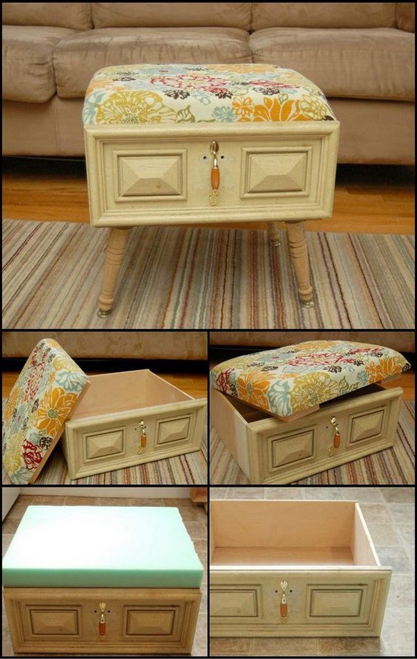 DIY Drawer Ottoman: Turn an old drawer into an ottoman for any room in your house! This ottoman is not only a great addition to the living room, but also provides a great storage for your photo albums, books or other belongings not used very frequently. 