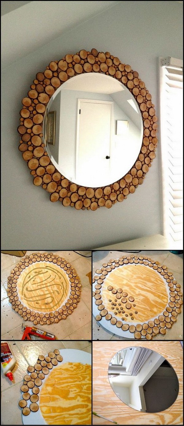 DIY Wood Slice Mirror: This unique mirror is great for your living area, bedroom, or hallway decoration! 