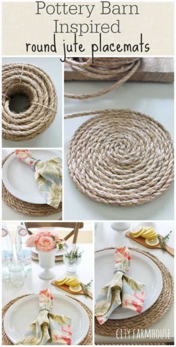 Pottery Barn Inspired Round Jute Placemats. Try making place mats from jute rope and add a touch of rustic country charm to your table. 