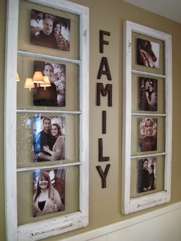 DIY Family Photo Display: A couple of old windows, wooden letters, and family photos are all you need to make this amazing and beautiful home decor item. 
