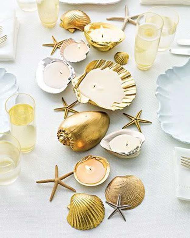 Gold DIY Projects and Crafts - Metallic Shell Candleholder Centerpiece - Easy Room Decor, Wall Art and Accesories in Gold - Spray Paint, Painted Ideas, Creative and Cheap Home Decor - Projects and Crafts for Teens, Apartments, Adults and Teenagers http://diyprojectsforteens.com/diy-projects-gold