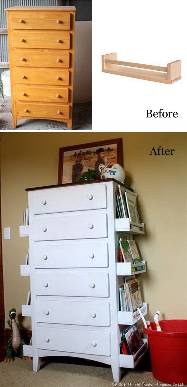 DIY Kids Bookshelves Made with Old Drawers and Ikea Spice Racks: Turn the old drawers like this one into a creative and stylish bookshelves for your kids with some white spraypaint and the IKEA spice racks. 